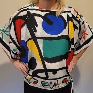 Vintage Three Flaggs Abstract Geometric Blouse Dolman Sleeves